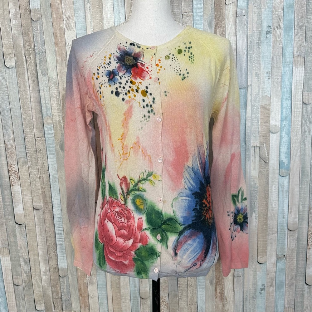 Ivko 36 38 Colorful Floral Hand Painted Dyed Knit Cardigan Sweater Boho‎ S M